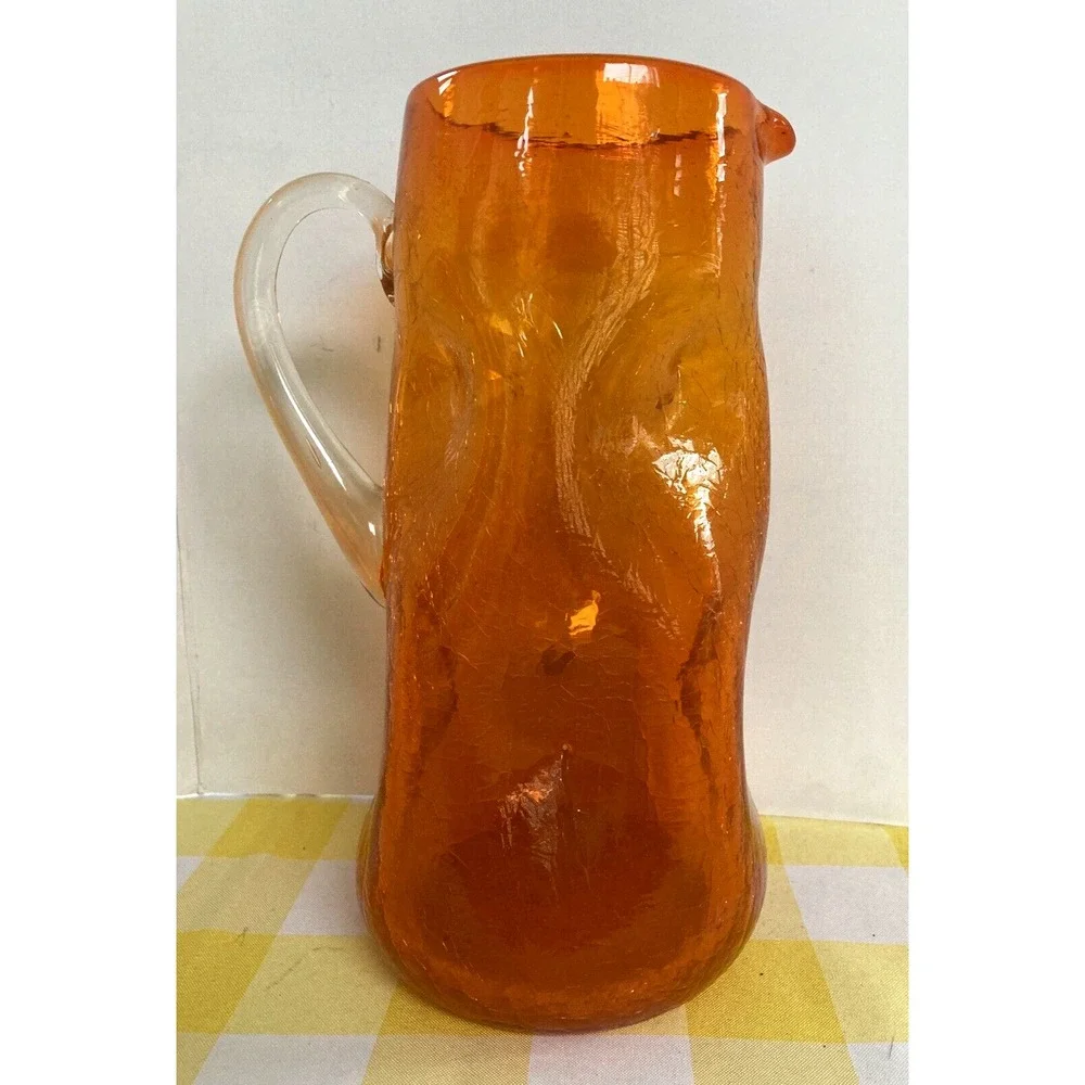 Vintage Blenko crackle glass dimpled tall pitcher Amberina orange clear handle
